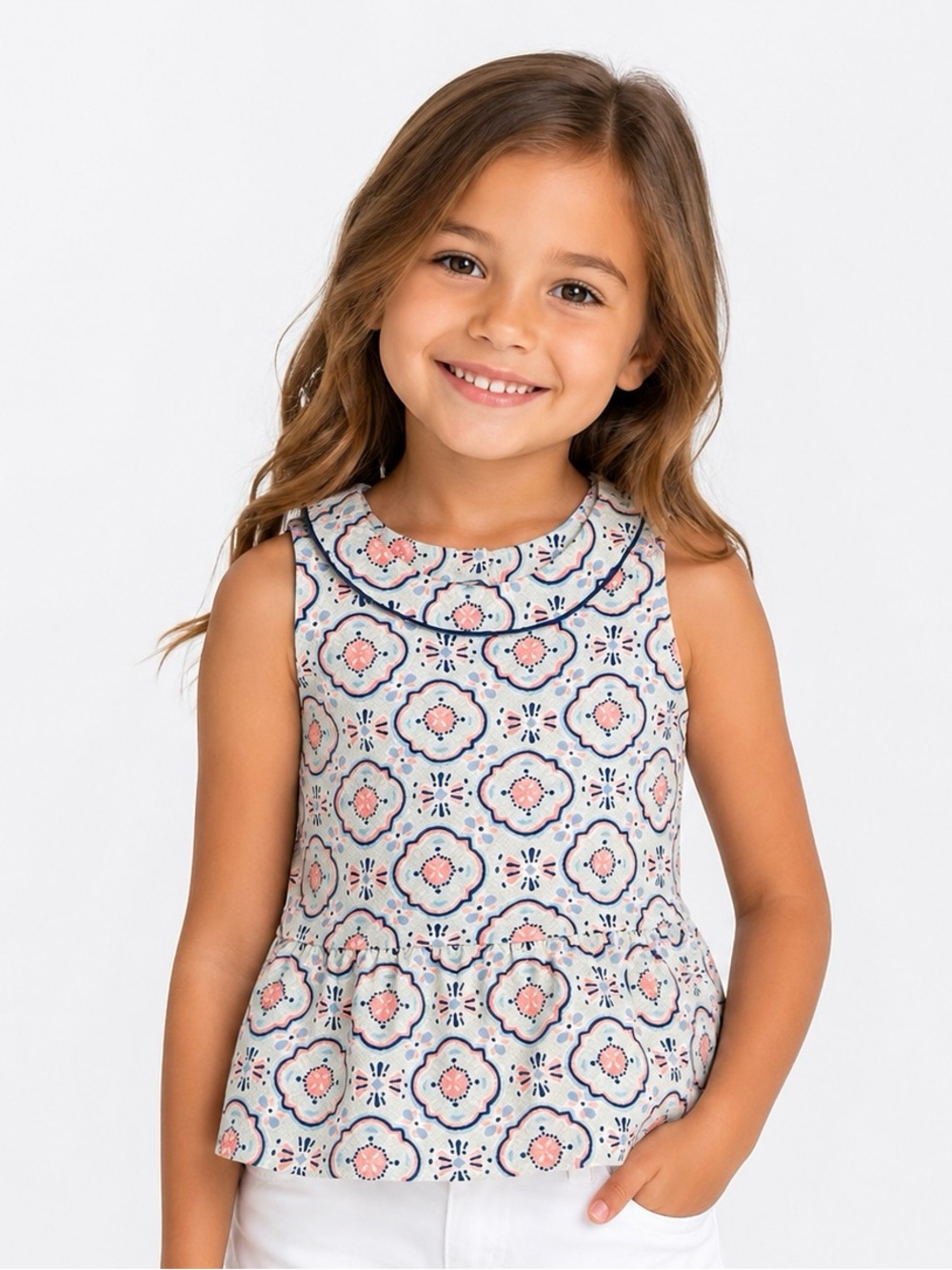 Janie and Jack NEW Girls Floral Tile Print Peplum Top in White and Coral size 7